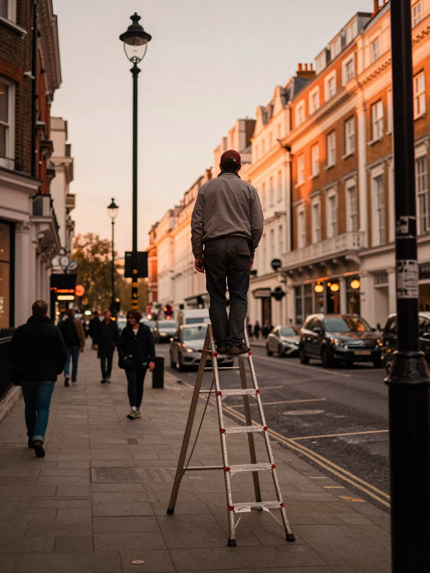 Vintage London Street Scene Before Dusk with Step Ladder and Clay Pot in in London, United Kingdom