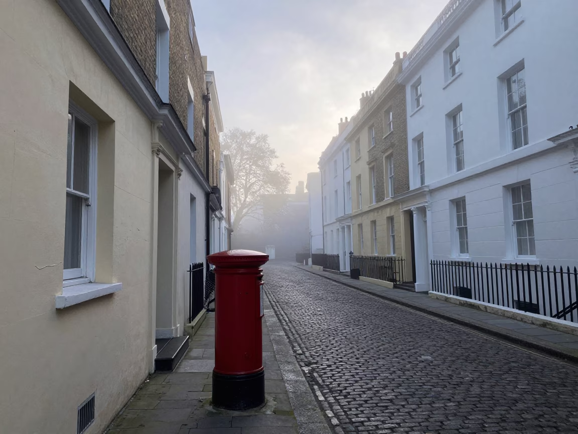 Vintage London Street Scene Early Morning Mist and Cobblestone Alleyway in in London, United Kingdom