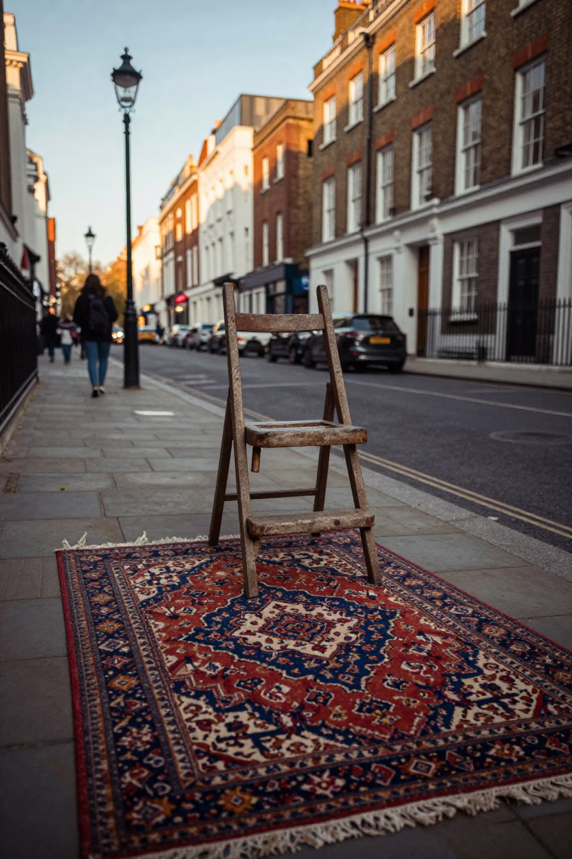 Vintage London Street Scene Late Afternoon with Patterned Rug and Ladder Back Chair in in London, United Kingdom