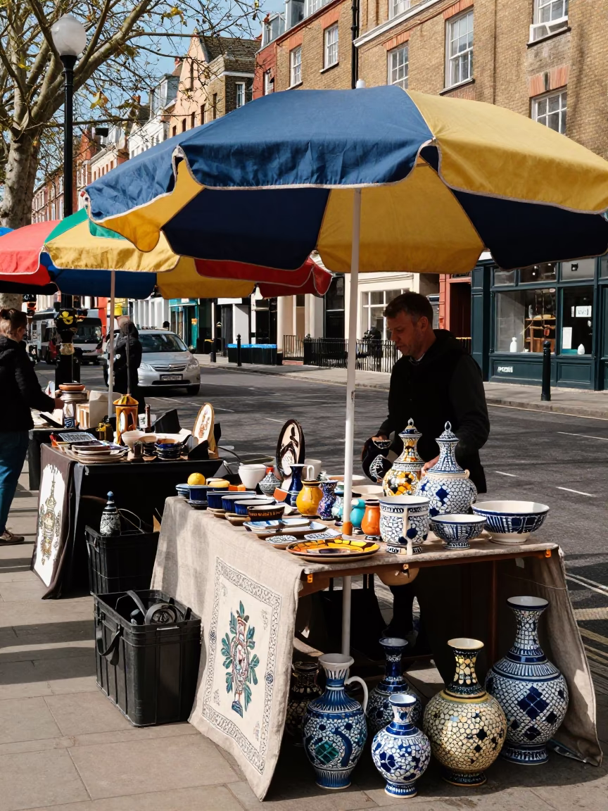 Vintage London Street Scene Late Morning Umbrellas and Majolica Plates in in London, United Kingdom
