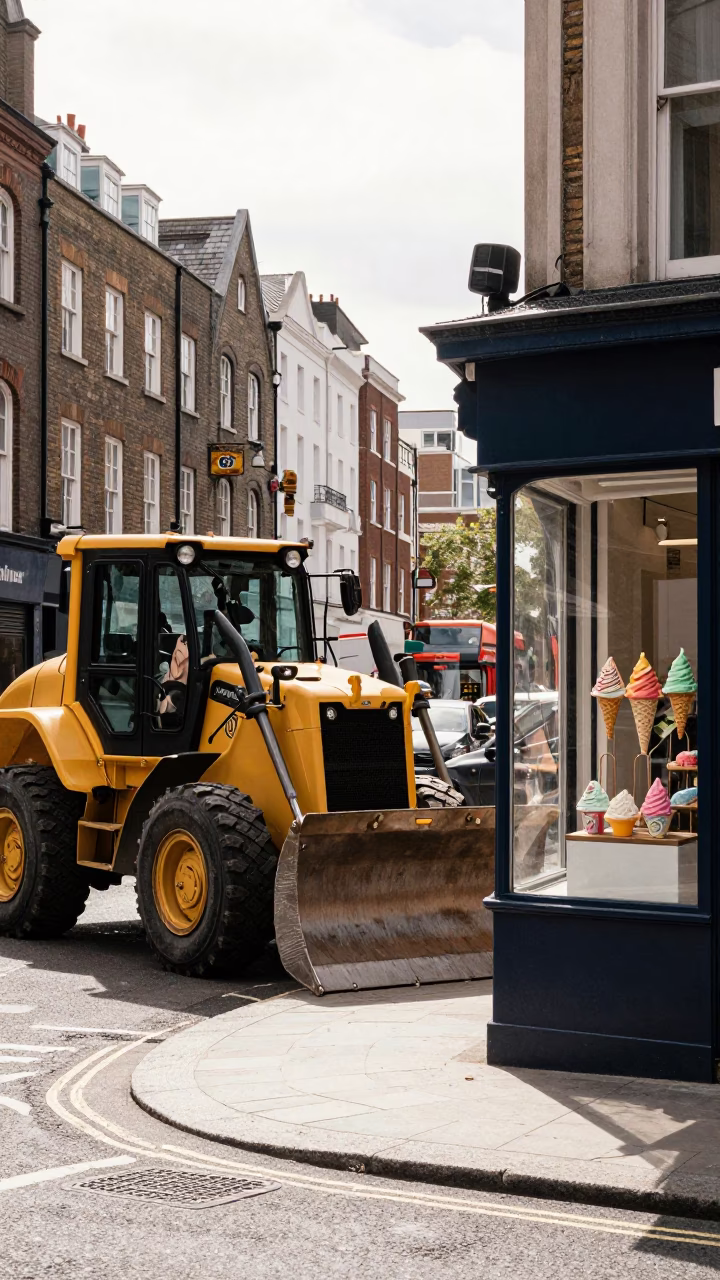 Vintage London Street Scene Midmorning with Construction and Shop Displays in in London, United Kingdom