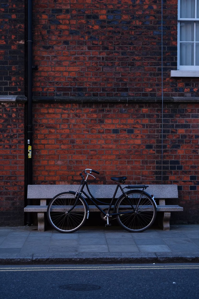 Vintage London Street Scene with Bicycle and Stone Bench Before Sunrise in in London, United Kingdom