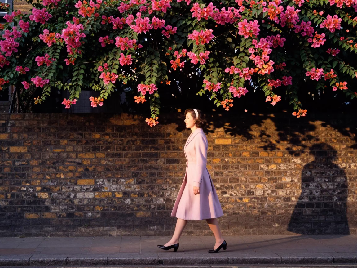 Vintage London Street Scene with Bougainvillea and 1950s Fashion at First Light in in London, United Kingdom