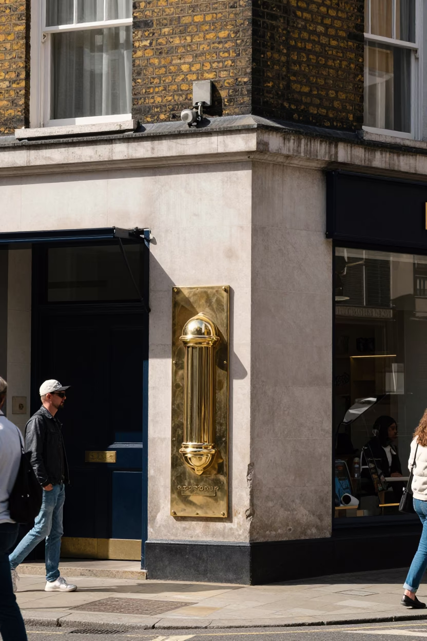 Vintage London Street Scene with Brass Fixture and Steel Window in Bright Midmorning Light in in London, United Kingdom