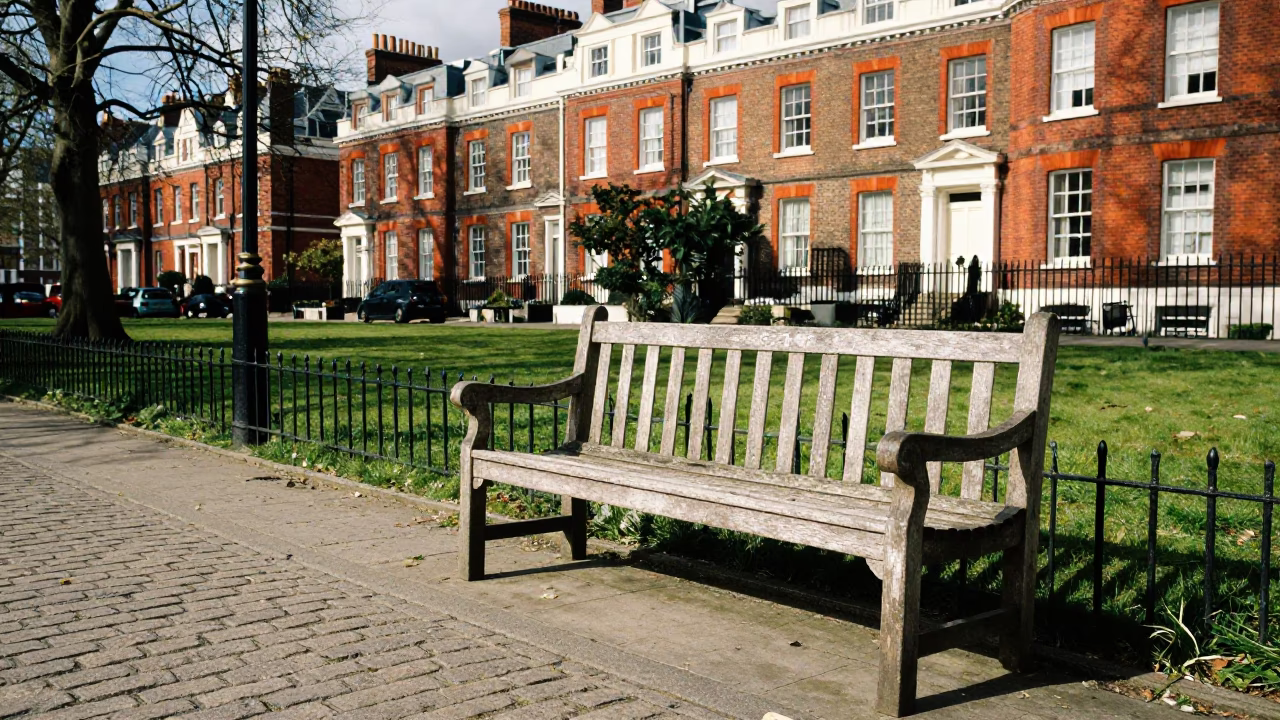 Vintage London Street Scene with Caster Wheel on Park Bench in Bright Midmorning Light in in London, United Kingdom