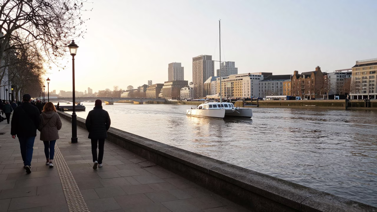 Vintage London Street Scene with Catamaran on Thames at Sunrise in in London, United Kingdom