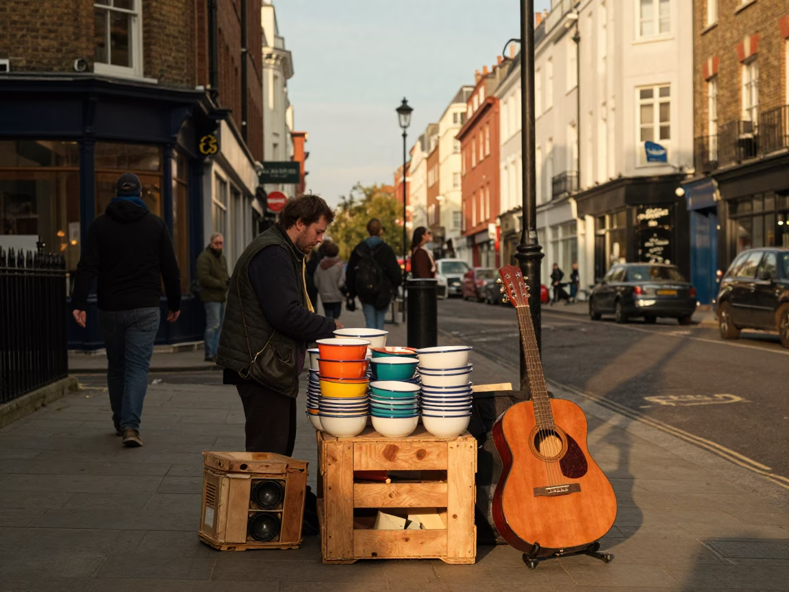 Vintage London Street Scene with Enamel Bowls and Guitar in Honeyed Evening Light in in London, United Kingdom