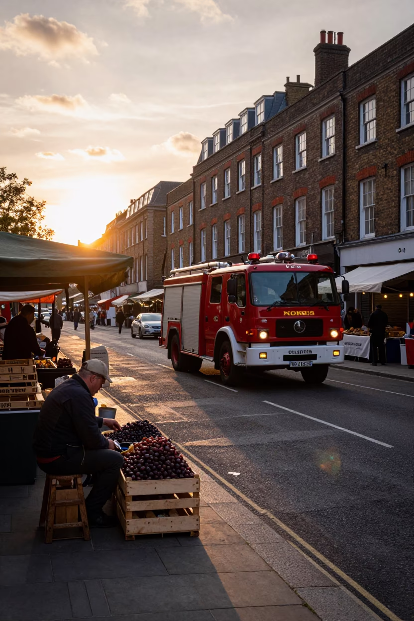 Vintage London Street Scene with Fire Engine and Market Stalls at Sunset in in London, United Kingdom