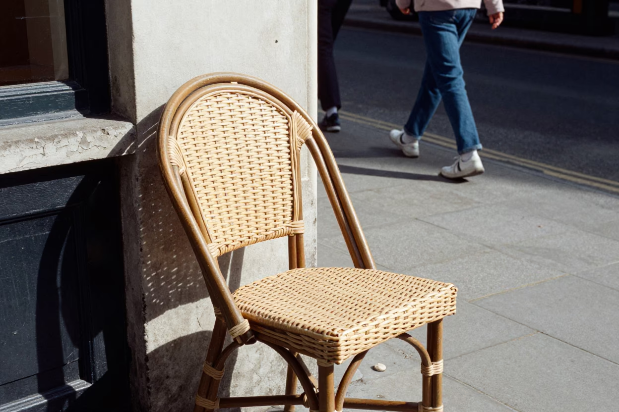 Vintage London Street Scene with Rattan Chair and Urban Details at Midday in in London, United Kingdom