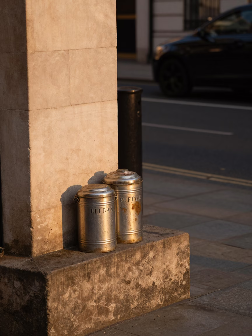 Vintage London Street Scene with Tiffin Tin and Storage Tins in Honeyed Evening Light in in London, United Kingdom