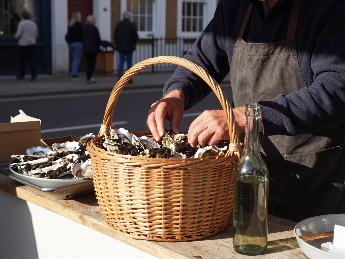 Vintage London Street Scene with Woven Basket and Glass Bottle in in London, United Kingdom