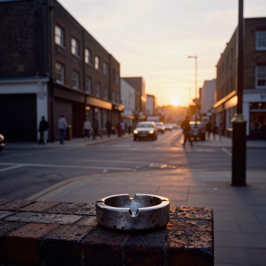 Vintage London Sunset Street Scene with Ashtray and Warehouse Aisle in in London, United Kingdom
