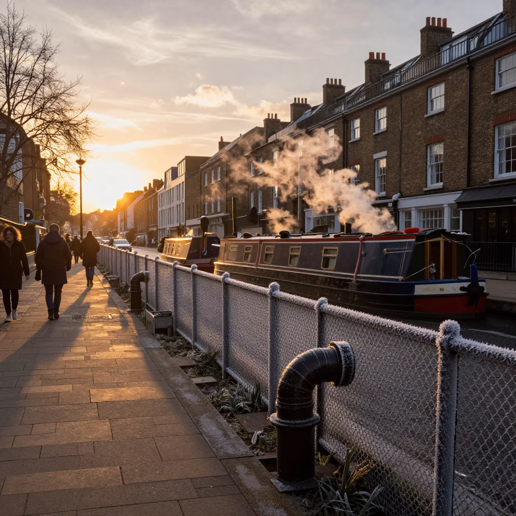 Vintage London Sunset Street Scene with Canal Barge and Steaming Pipes in in London, United Kingdom