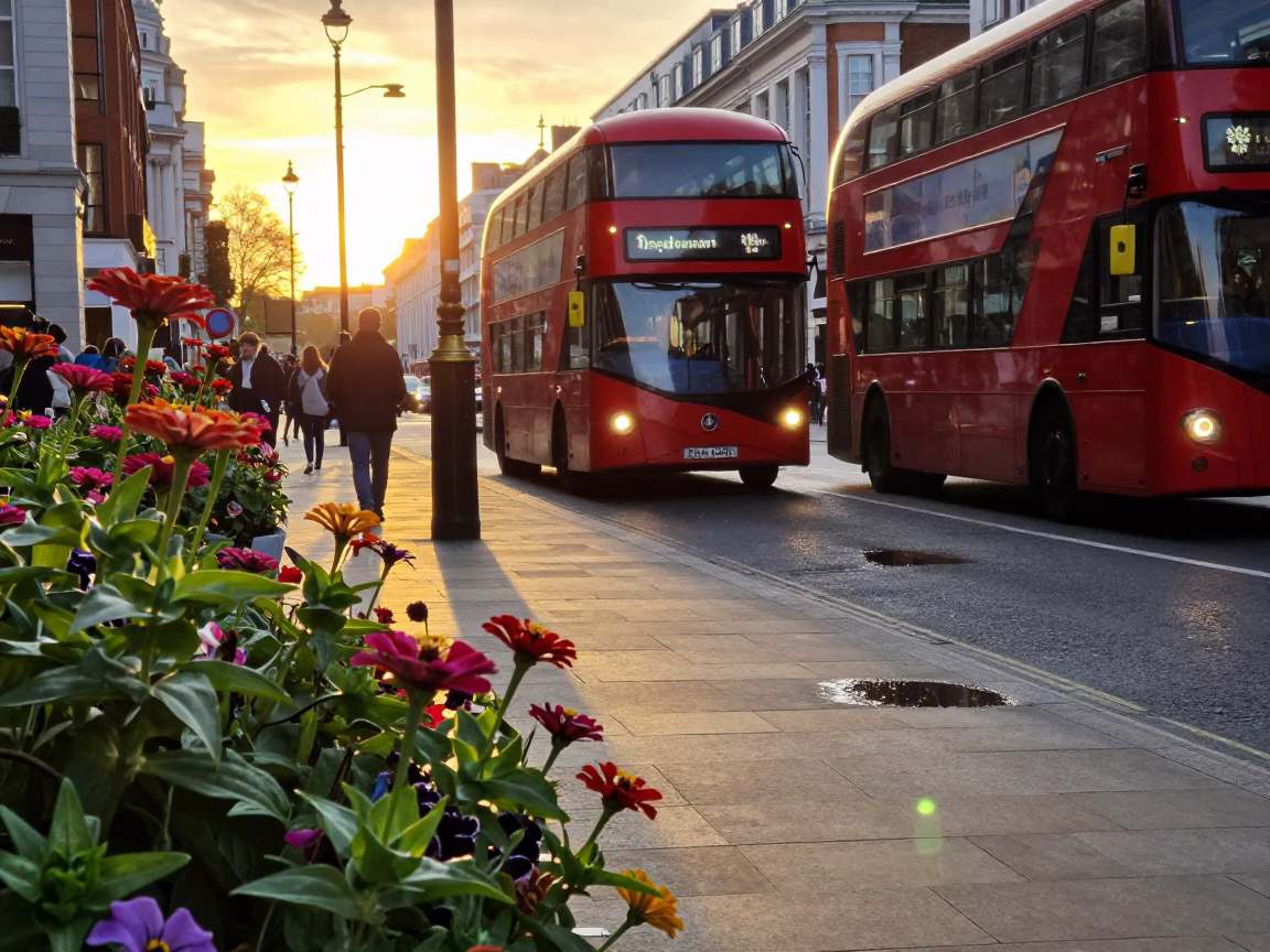 Vintage London Sunset Street Scene with Colorful Zinnias and Classic Red Bus in in London, United Kingdom