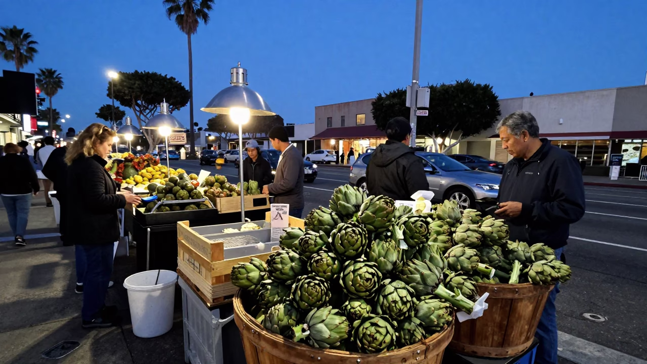 Vintage Los Angeles Blue Hour Street Scene with Brushed Steel and Artichokes in in Los Angeles, California, United States