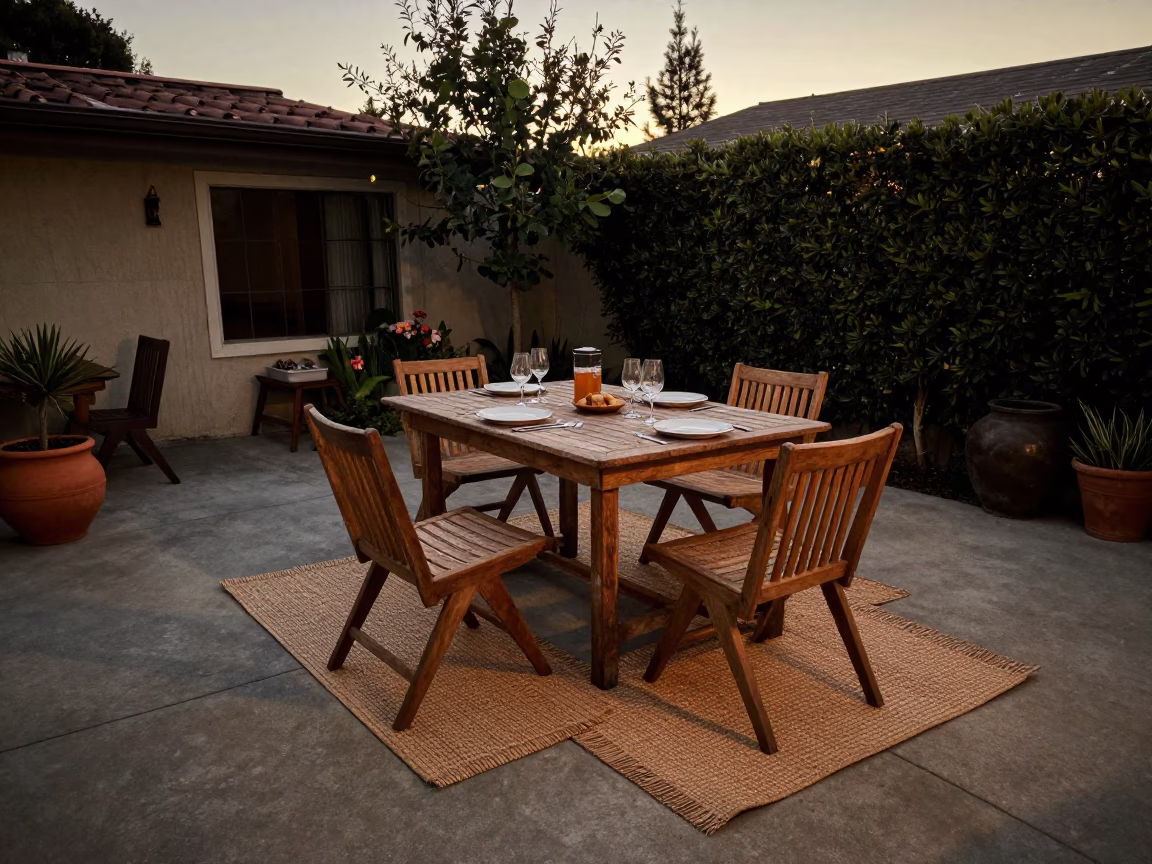 Vintage Los Angeles Evening Patio Dining with Woven Mats and Olive Dish in in Los Angeles, California, United States
