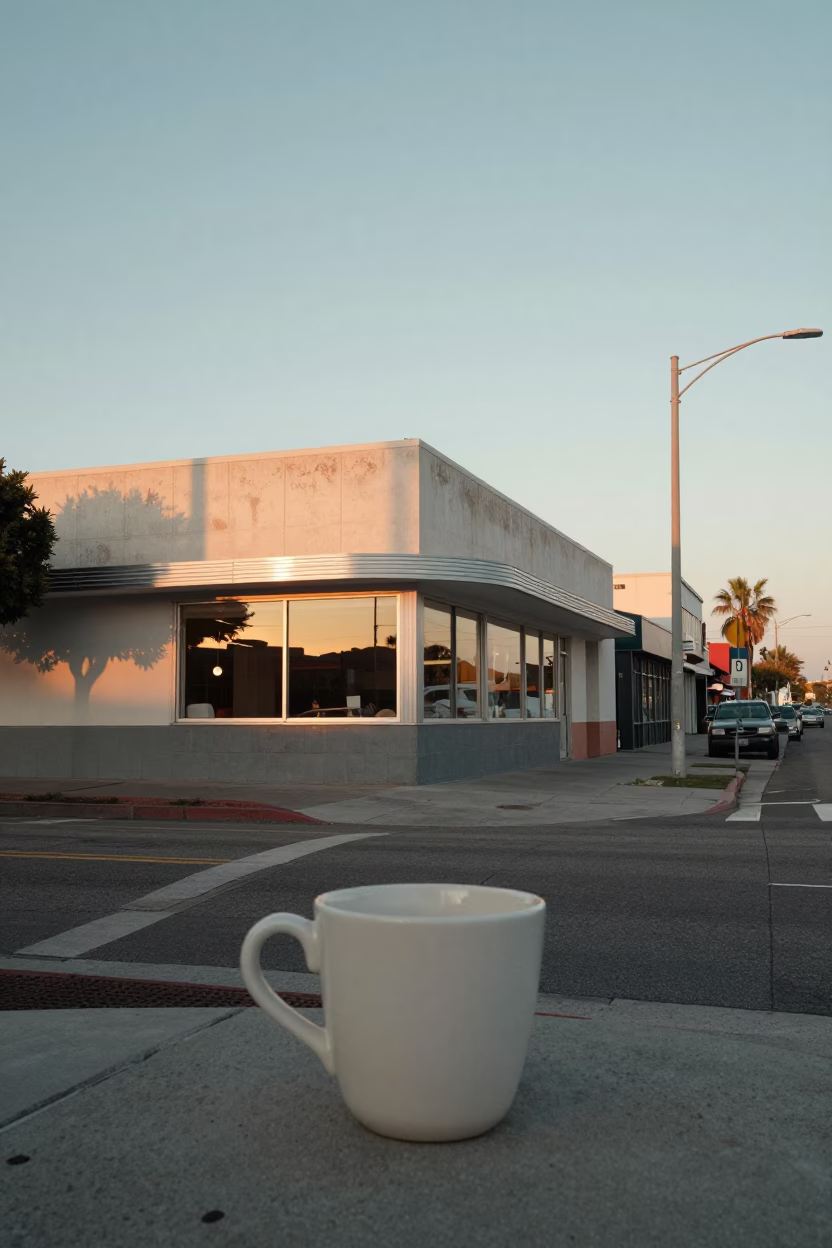 Vintage Los Angeles Morning Street Scene with Ceramic Cup and Steam Pipe in in Los Angeles, California, United States