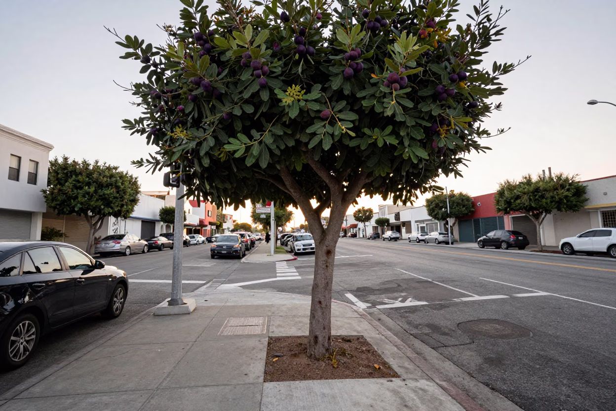 Vintage Los Angeles Street Corner Before Dawn with Fig Tree and Kitchen Stool in in Los Angeles, California, United States