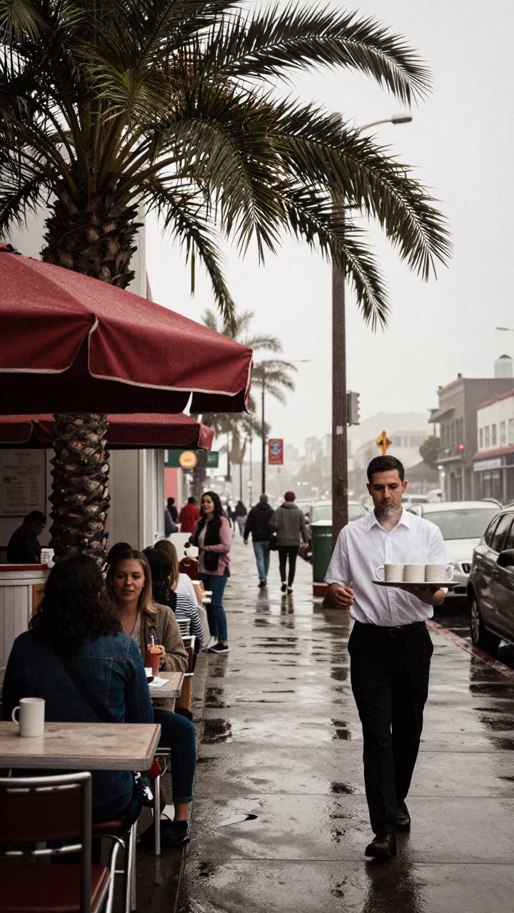 Vintage Los Angeles Street Corner Cafe Morning After Rain in in Los Angeles, California, United States