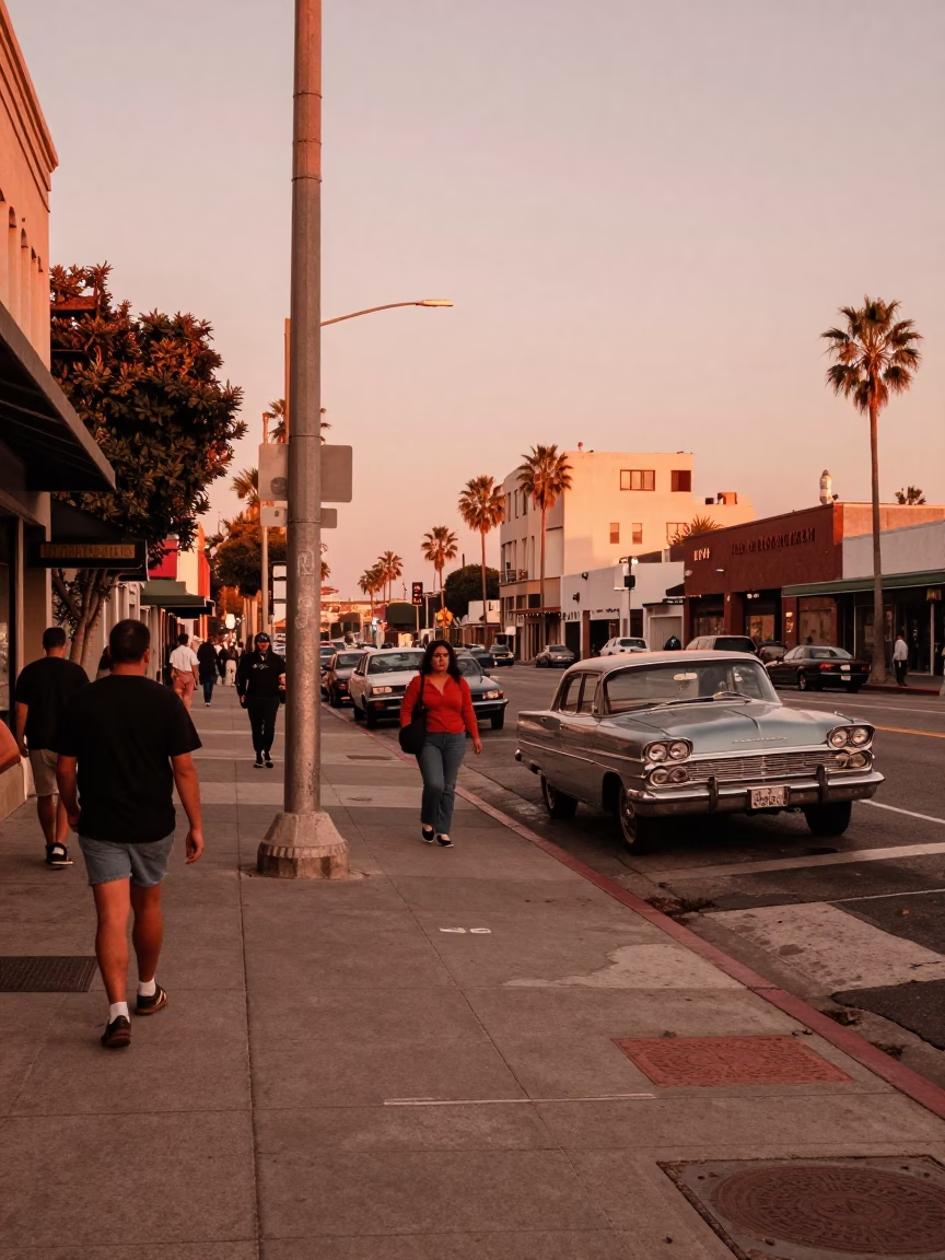 Vintage Los Angeles Street Scene in Copper Toned Light Before Dusk in in Los Angeles, California, United States