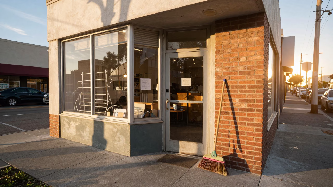 Vintage Los Angeles Street Scene Just After Sunrise with Broom and Drying Rack in in Los Angeles, California, United States
