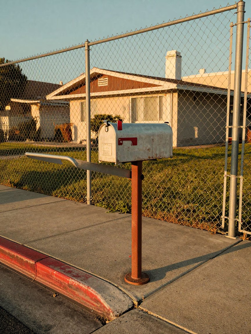 Vintage Los Angeles Street Scene with Mailbox and Peg Rails in Honeyed Evening Light in in Los Angeles, California, United States