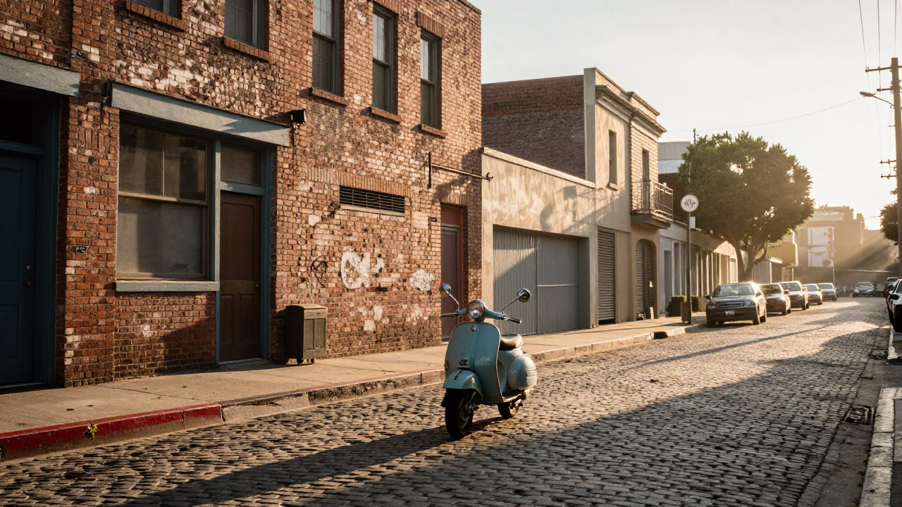 Vintage Los Angeles Street Scene with Scooter and Morning Light in in Los Angeles, California, United States