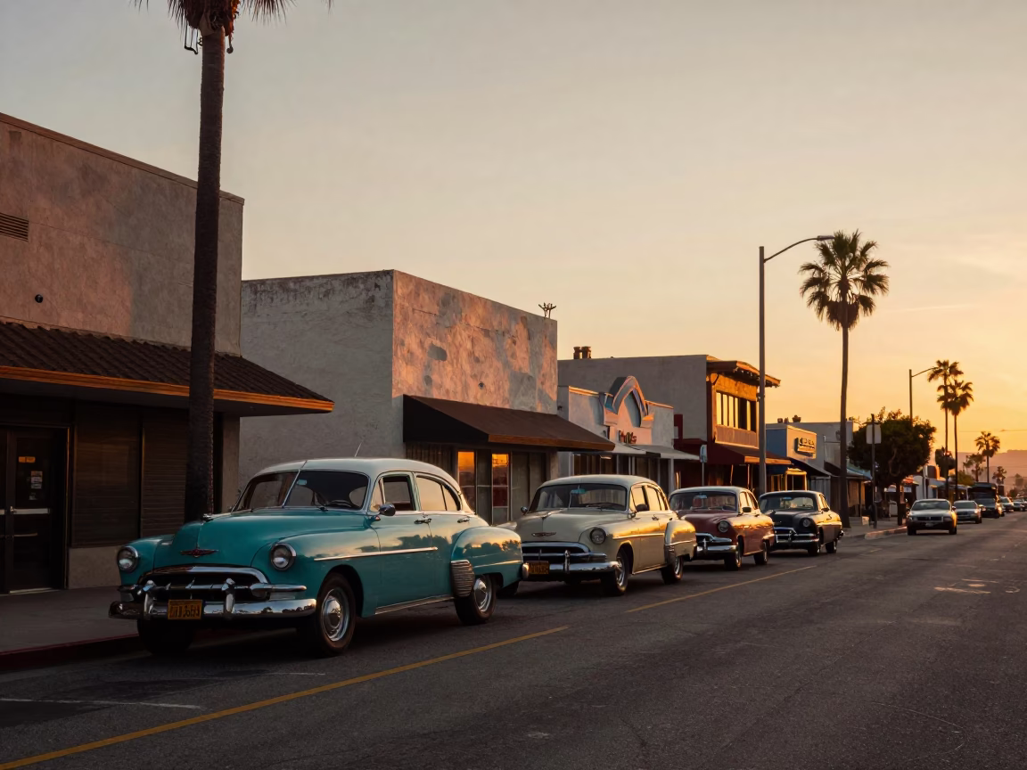 Vintage Los Angeles Sunset Street Scene with Classic Cars and Palm Trees in in Los Angeles, California, United States