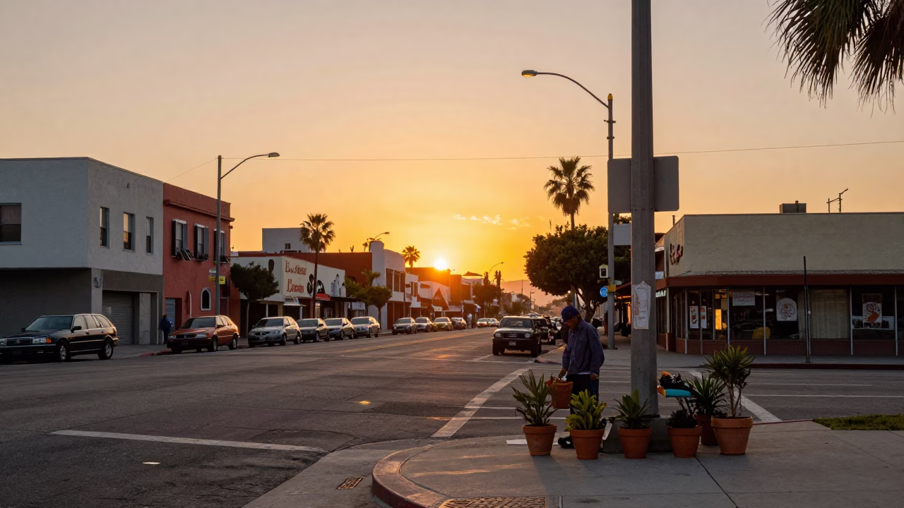 Vintage Los Angeles Sunset Street Scene with Colorful 1970s Postcards and Plant Pot in in Los Angeles, California, United States