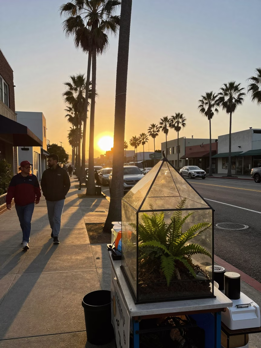 Vintage Los Angeles Sunset Street Scene with Glass Terrarium and Wicker Shadow on Tile in in Los Angeles, California, United States