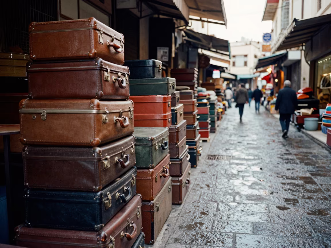 Vintage Luggage Stack Winter Bazaar Médéa in in a covered bazaar aisle in Médéa