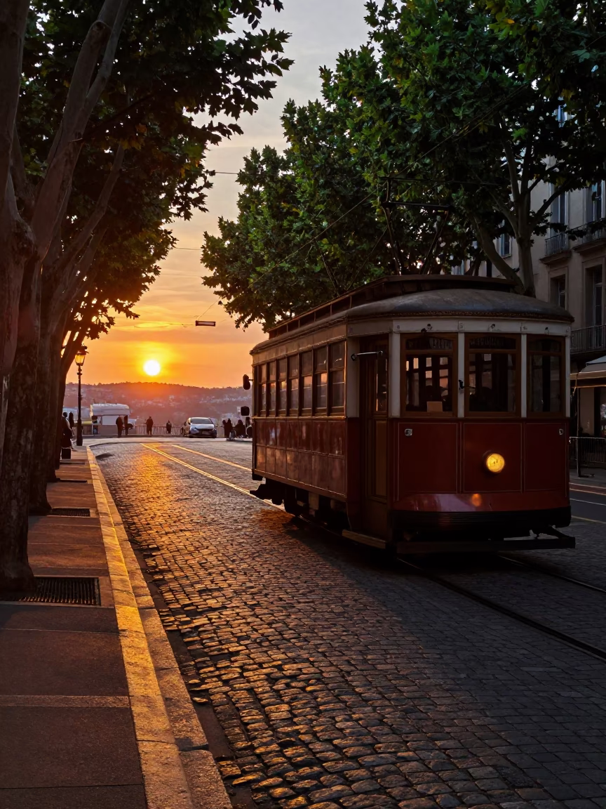 Vintage Lyon Street Scene at Dusk with Old Trolley and Cobblestone Avenue in in Lyon, France