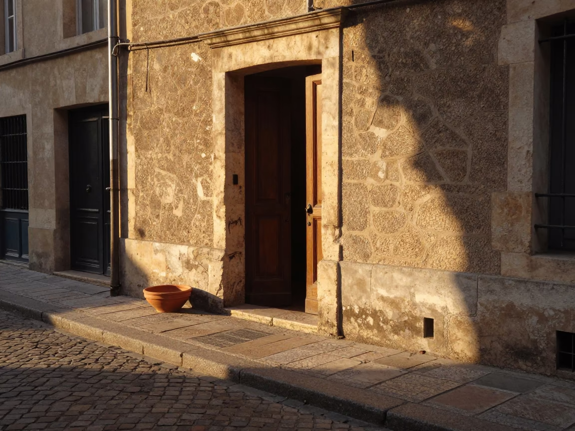 Vintage Lyon Street Scene at Sunset with Terracotta Bowl and Doorframe in in Lyon, France