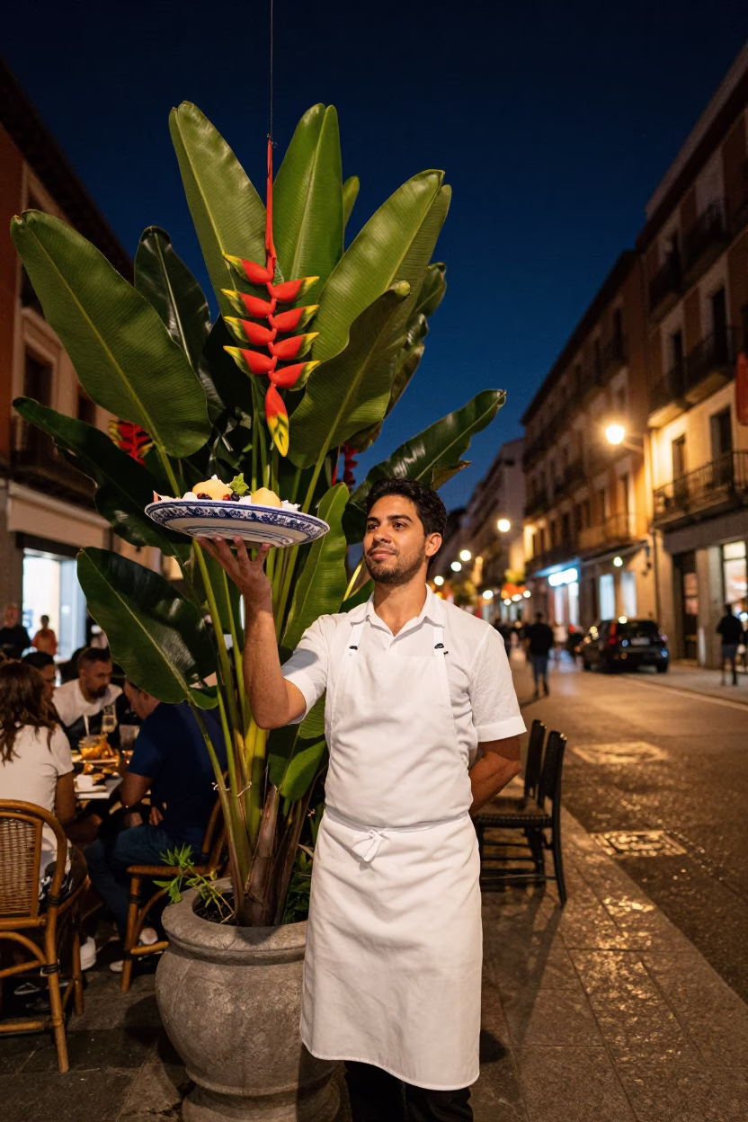 Vintage Madrid Street Scene at Night with Heliconia and Majolica Plate in in Madrid, Spain