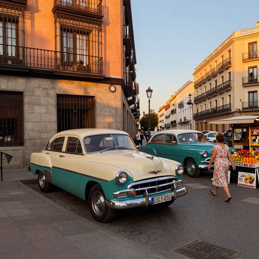 Vintage Madrid Street Scene at Sunset with Classic Automobiles and Pedestrians in in Madrid, Spain
