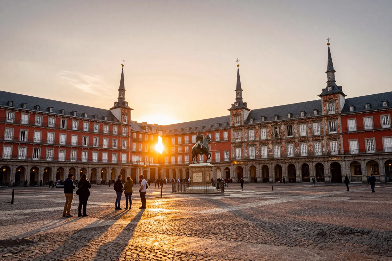 Vintage Madrid street scene at sunset with colorful building facades and pedestrians in in Madrid, Spain