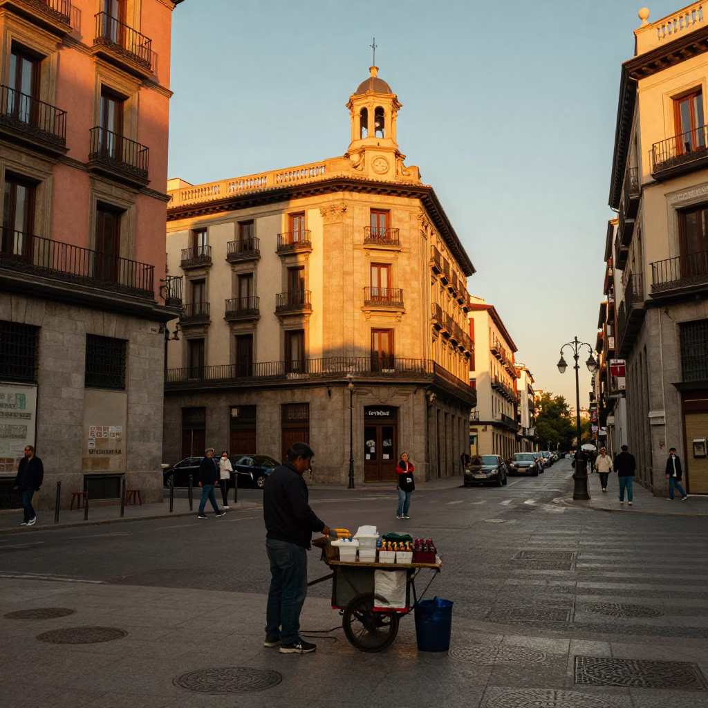 Vintage Madrid Street Scene at Sunset with Local Vendor and Traditional Elements in in Madrid, Spain