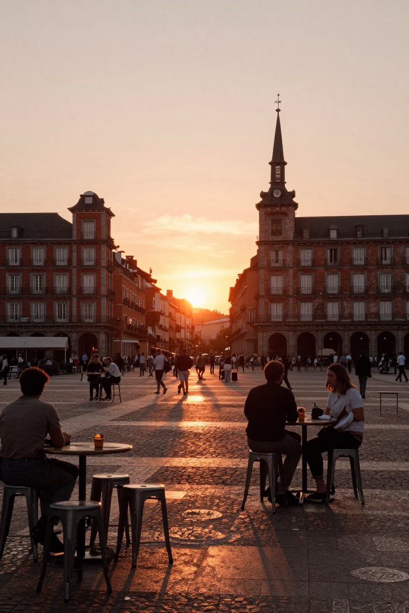 Vintage Madrid Street Scene at Sunset with Metal Stools and Local Life in in Madrid, Spain