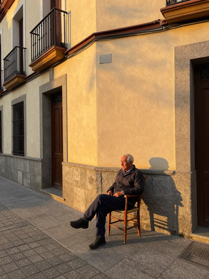 Vintage Madrid Street Scene at Sunset with Spindle Chair and Leather Basketball in in Madrid, Spain