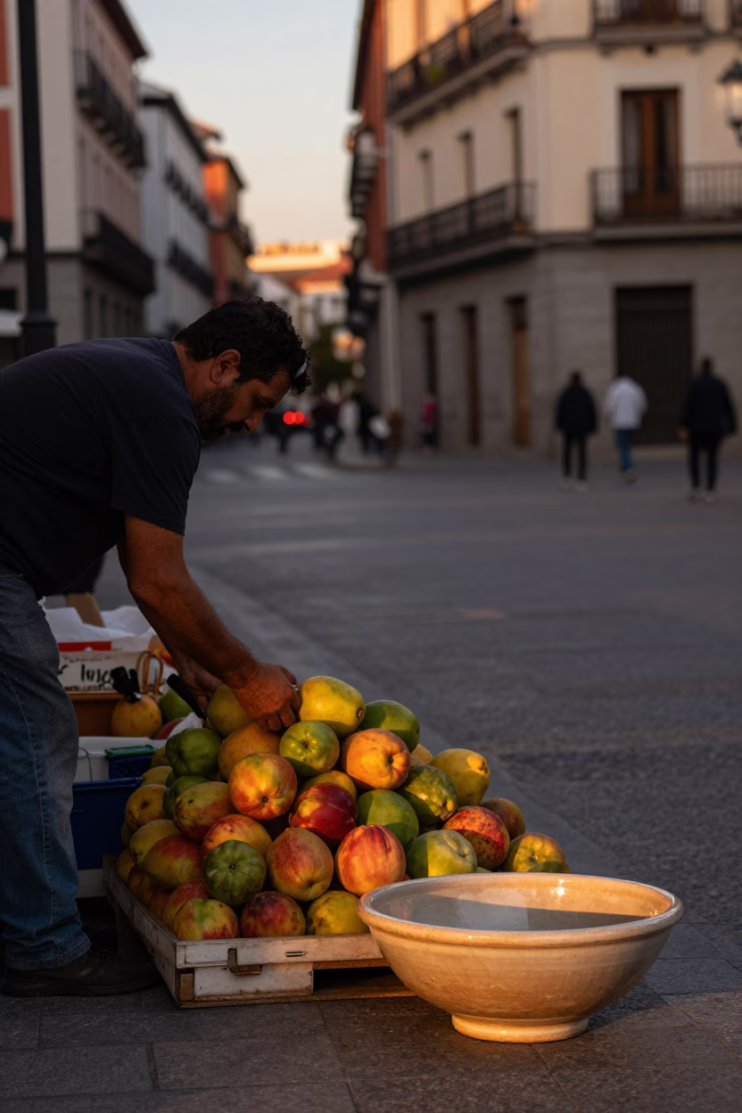 Vintage Madrid Street Scene Before Dusk with Ceramic Bowl and Cherry Stall in in Madrid, Spain