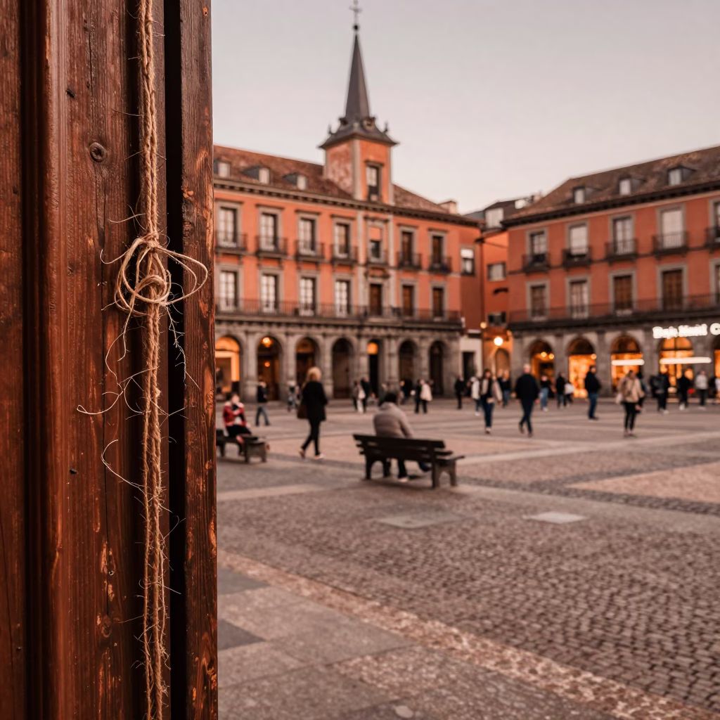 Vintage Madrid Street Scene Before Dusk with Twine Fibers and Glass Vase in in Madrid, Spain