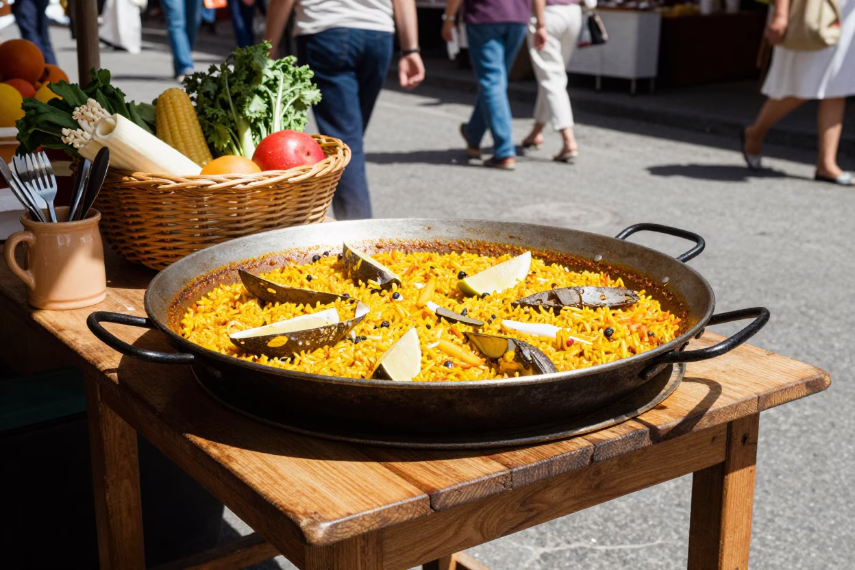 Vintage Madrid Street Scene with Paella Pan and Basket in Bright Midmorning Light in in Madrid, Spain