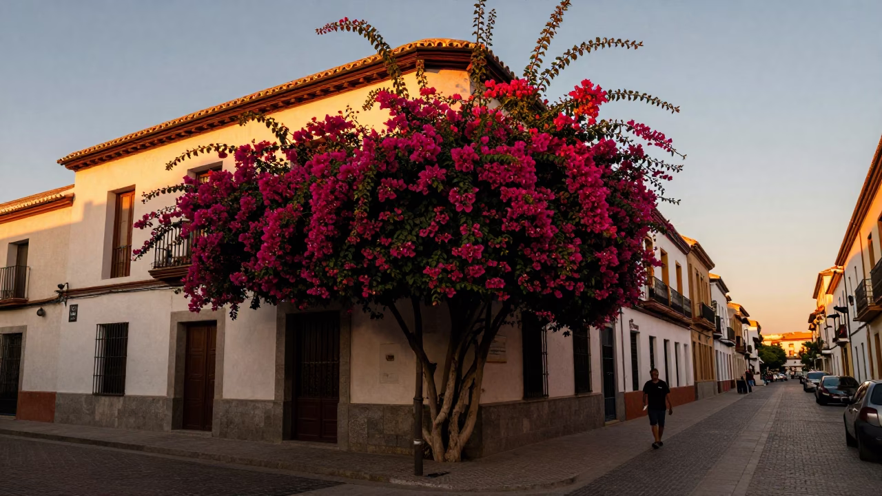 Vintage Madrid Sunset Street Scene with Bougainvillea and Local Life in in Madrid, Spain