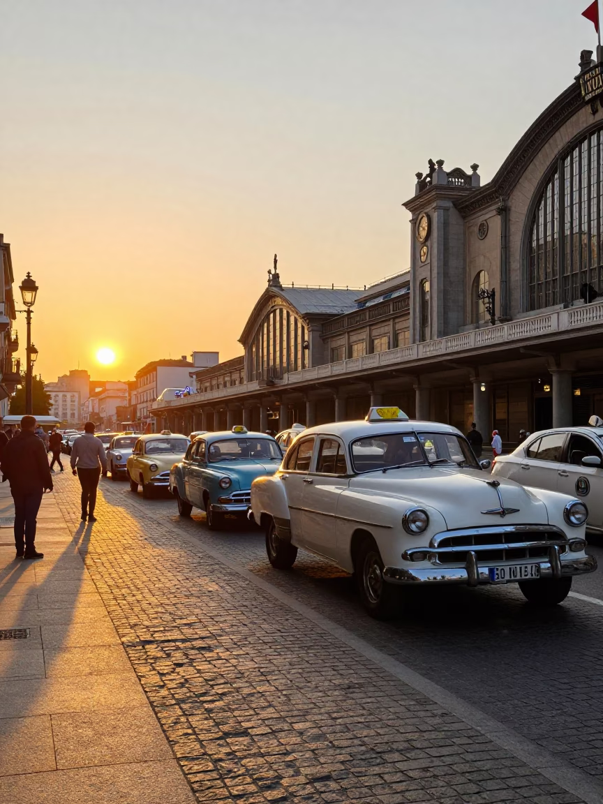 Vintage Madrid Sunset Street Scene with Classic Taxi and Cinema Facade in in Madrid, Spain