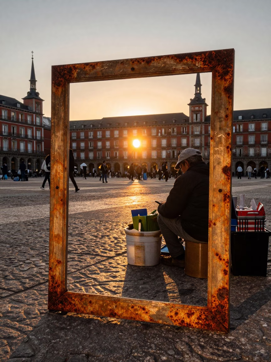 Vintage Madrid Sunset Street Scene with Rusty Frame and Taper Candle Details in in Madrid, Spain