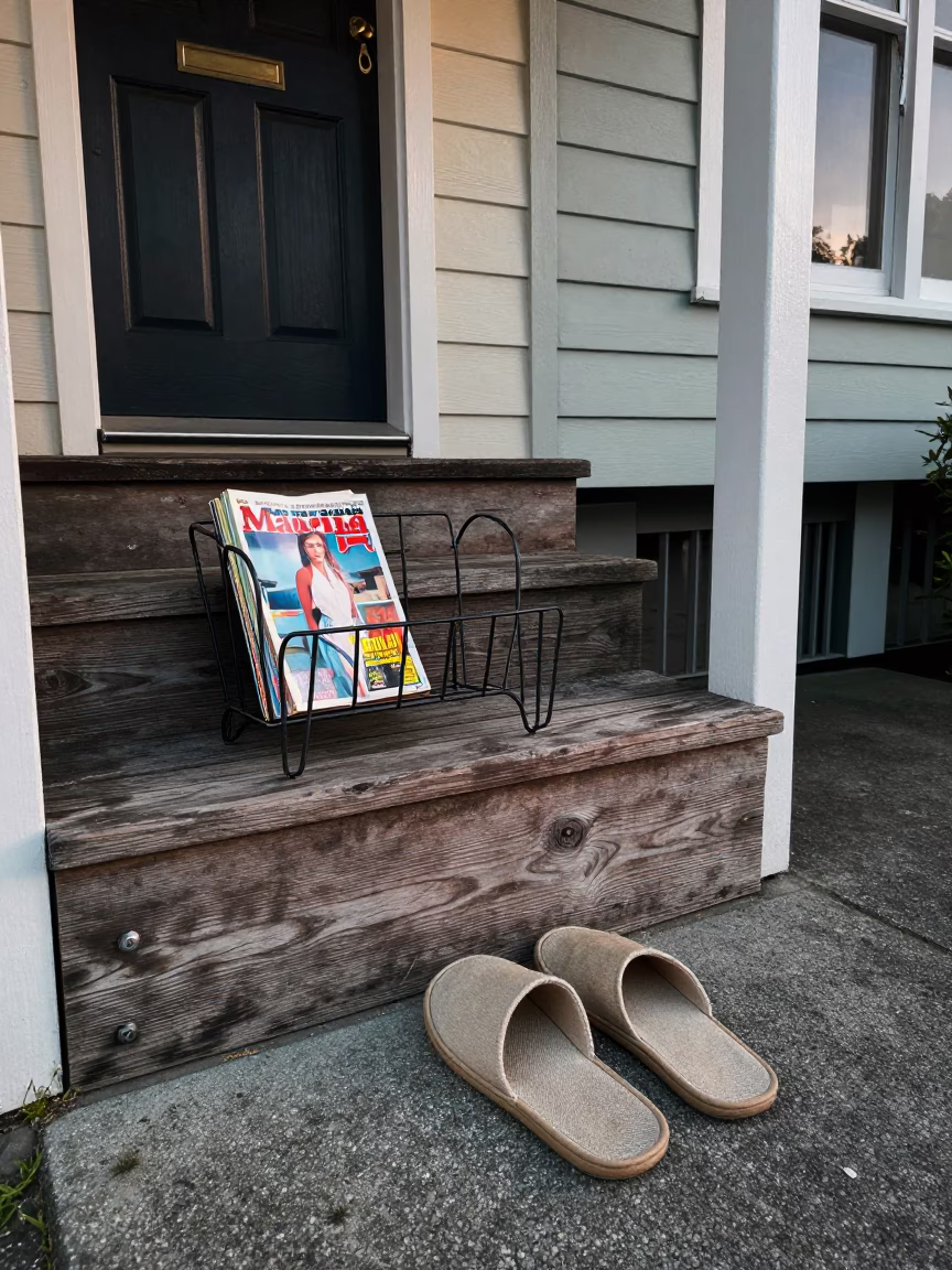 Vintage Magazines and Slippers on Wellington Terrace Step at Early Evening in in Wellington, New Zealand