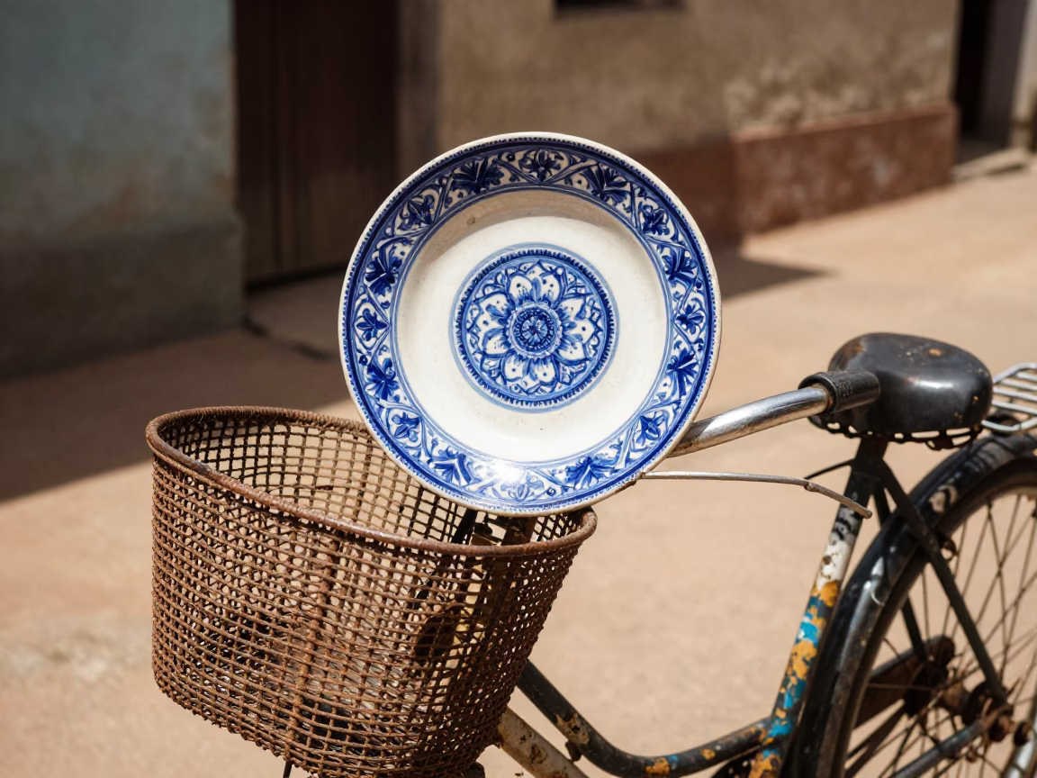Vintage Majolica Plate and Bicycle Basket in Midday Dakar Senegal Street Scene in in Dakar, Senegal