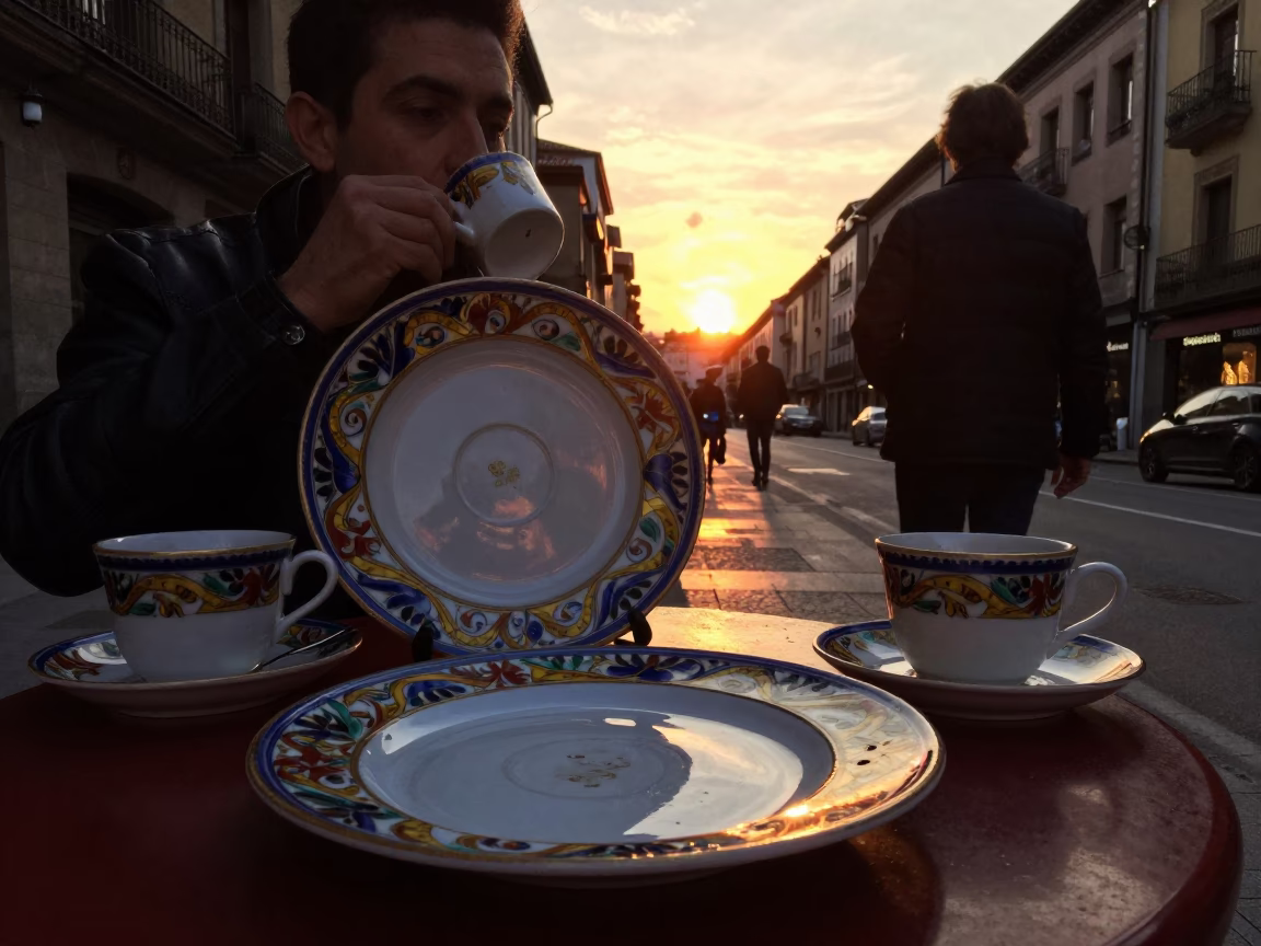 Vintage Majolica Plate and Coffee Cupper in Bilbao Spain Golden Hour Street Scene in in Bilbao, Spain