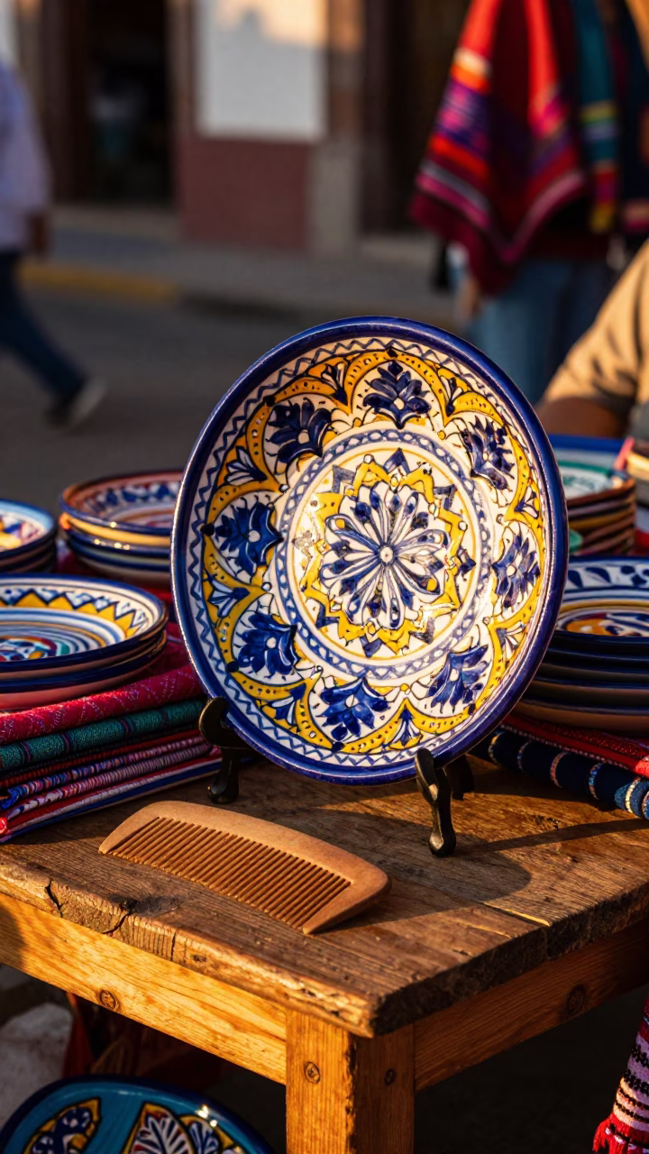 Vintage Majolica Plate and Comb on Oaxaca Street Stall at Sunset in in Oaxaca, Mexico