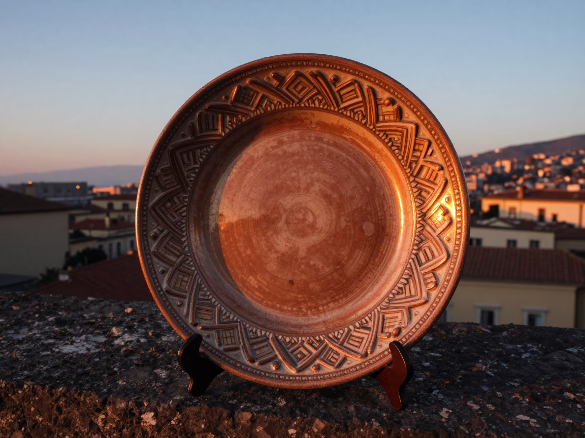 Vintage Majolica Plate and Copper Toned Light in Naples Italy Before Dusk in in Naples, Italy